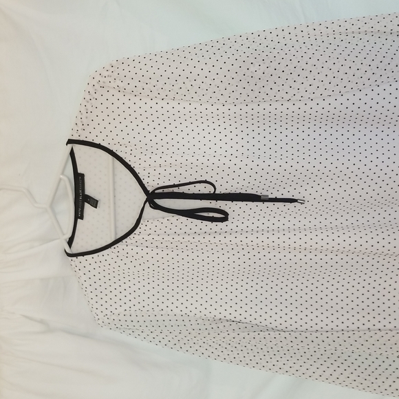 WHBM white with black polka dots sheer lined blouse long sleeve career tie neck - Picture 1 of 10